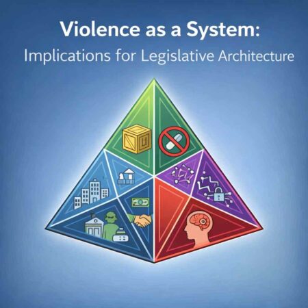 Square infographic of the Tetrahedron Model showing organized crime as a complex adaptive system for legislative design analysis