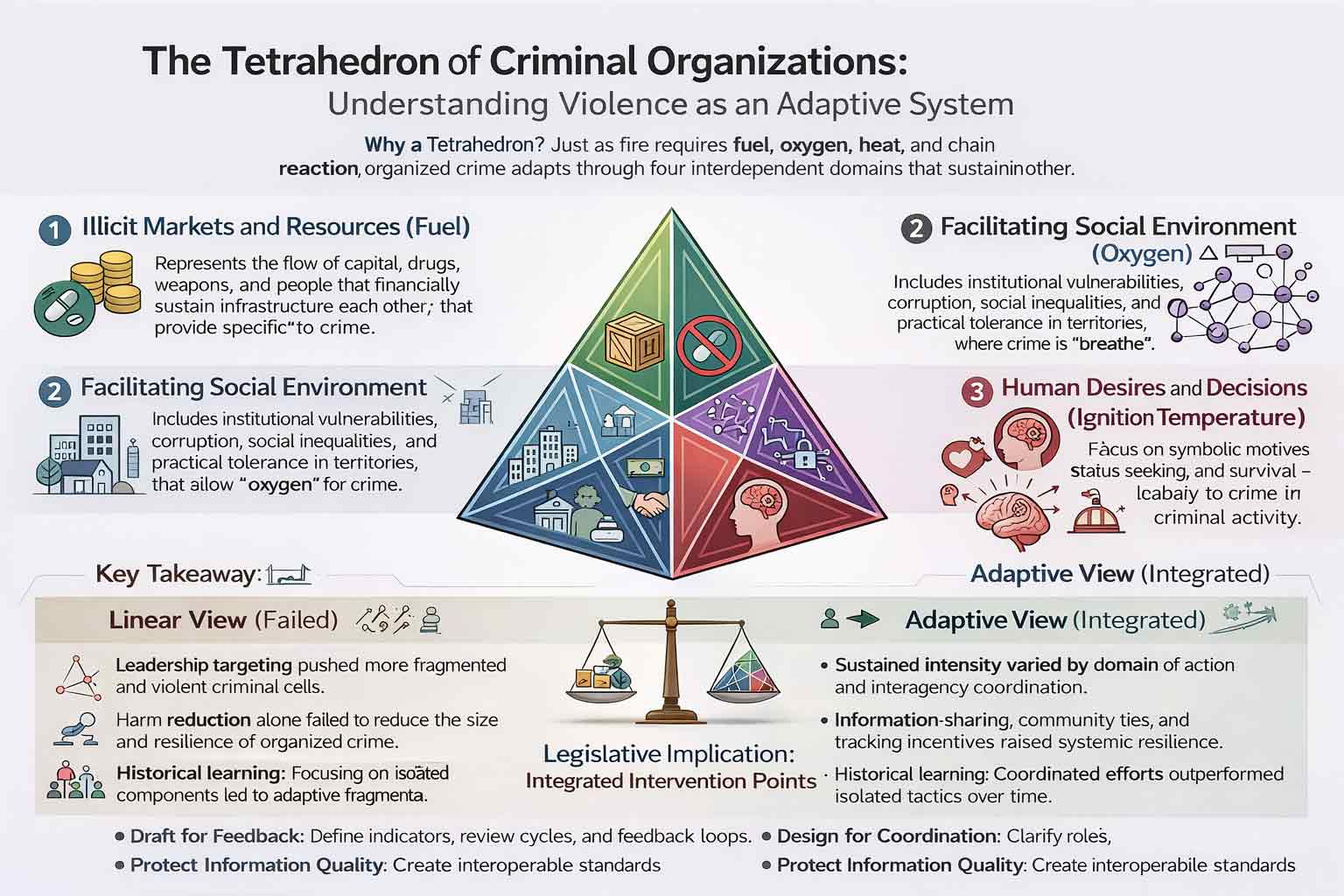 The Tetrahedron of Criminal Organizations model explaining violence as a complex adaptive system with four interdependent domains and legislative implications