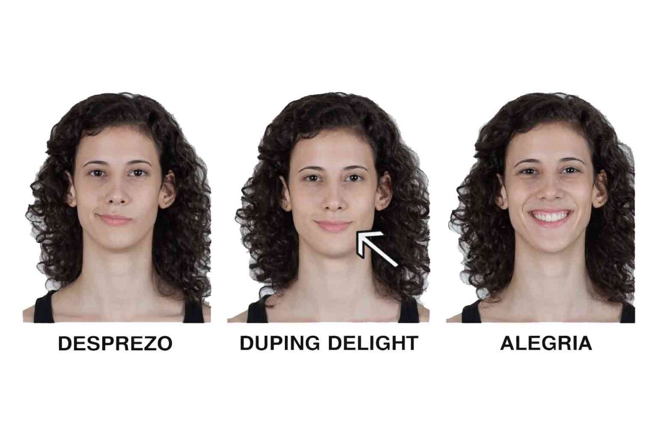 Comparação visual entre expressões faciais de alegria, desprezo e duping delight destacando diferenças emocionais sutis