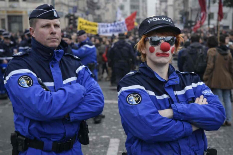 Palhaço imitando a postura de um policial durante protesto público, ilustrando o efeito palhaço e os limites do espelhamento como estratégia de influência institucional.