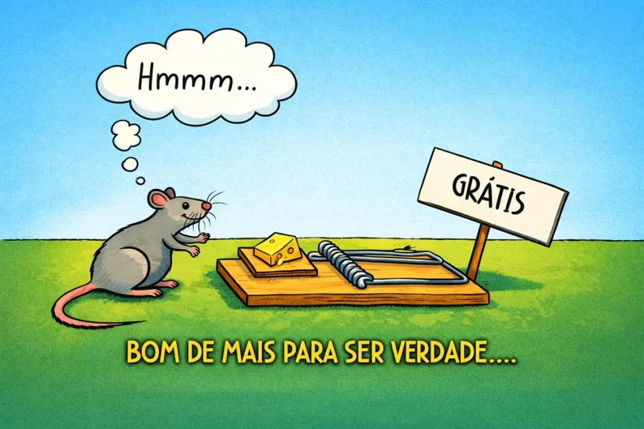 Ilustração colorida mostrando uma armadilha com placa “grátis” e a frase “bom demais para ser verdade”, simbolizando o início dos golpes psicológicos.