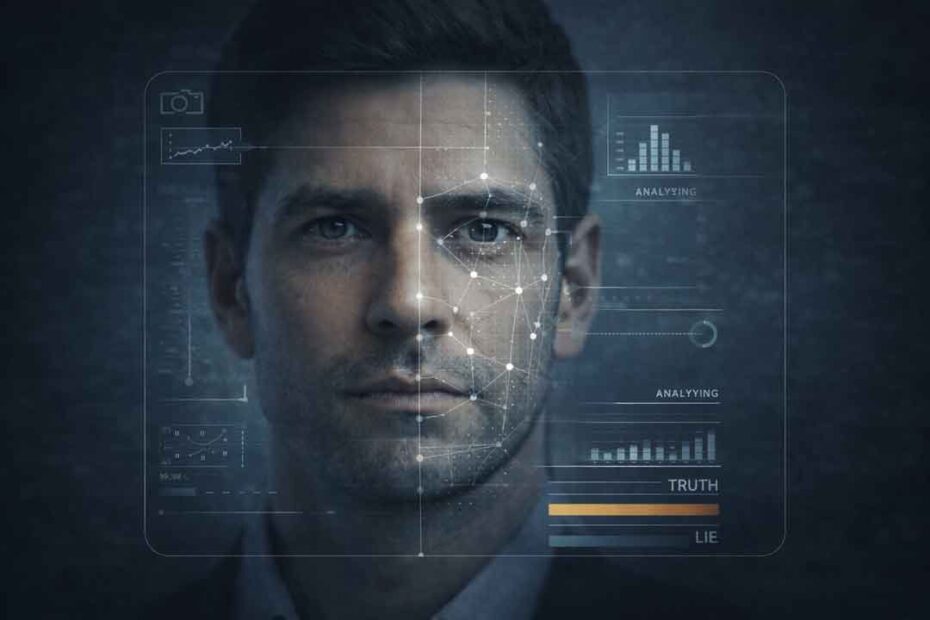 Imagem conceitual mostra rosto humano analisado por sistemas técnicos, representando os limites da detecção de mentiras e da decisão humana mediada por tecnologia.