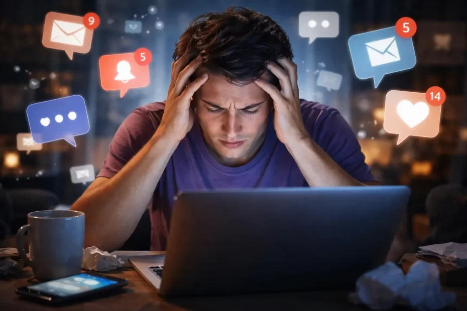 Pessoa sob pressão diante de múltiplos estímulos digitais simultâneos, representando ansiedade e sobrecarga decisória em ambientes tecnológicos acelerados.
