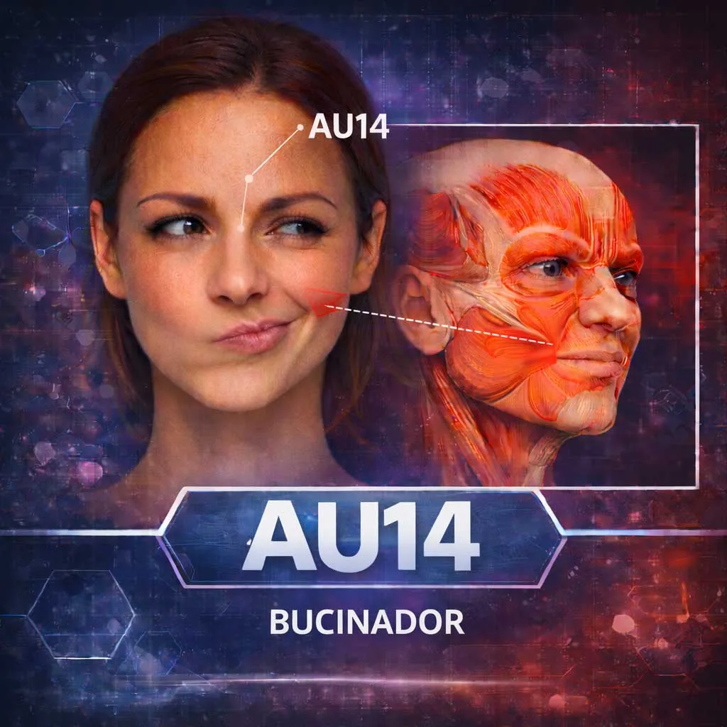 😏 AU14 — Bucinador (assimetria da boca) Puxa a boca para um lado. Relacionado a desprezo, dúvida ou ironia.