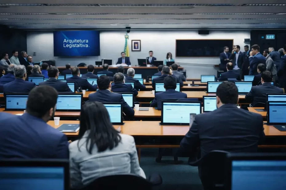 Sessão legislativa com painel exibindo o tema arquitetura legislativa, associada a artigo sobre decisão legislativa e problemas complexos