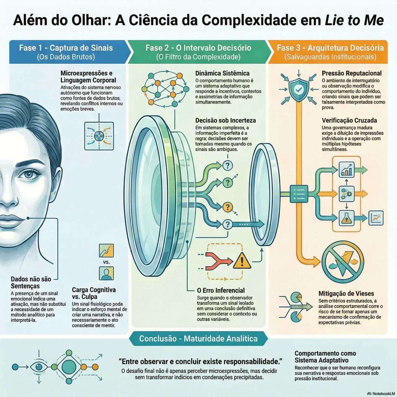 Infográfico sobre complexidade e comportamento em Lie to Me mostrando microexpressões, erro inferencial e arquitetura da decisão.
