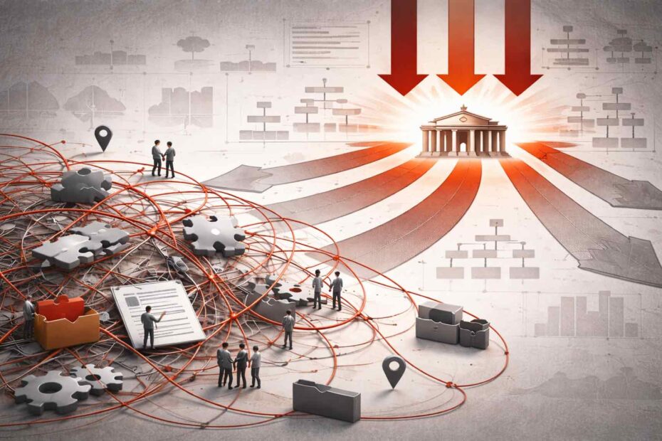Ilustração conceitual sobre coordenação institucional e centralização em sistemas complexos de decisão pública