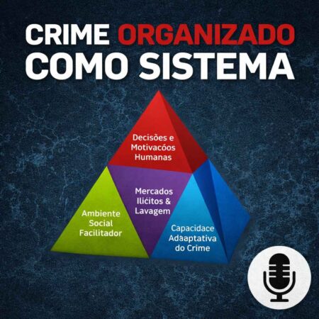 Ilustração conceitual do crime organizado como sistema adaptativo, representado pelo tetraedro com mercados ilícitos, ambiente social facilitador, decisões humanas e capacidade adaptativa.
