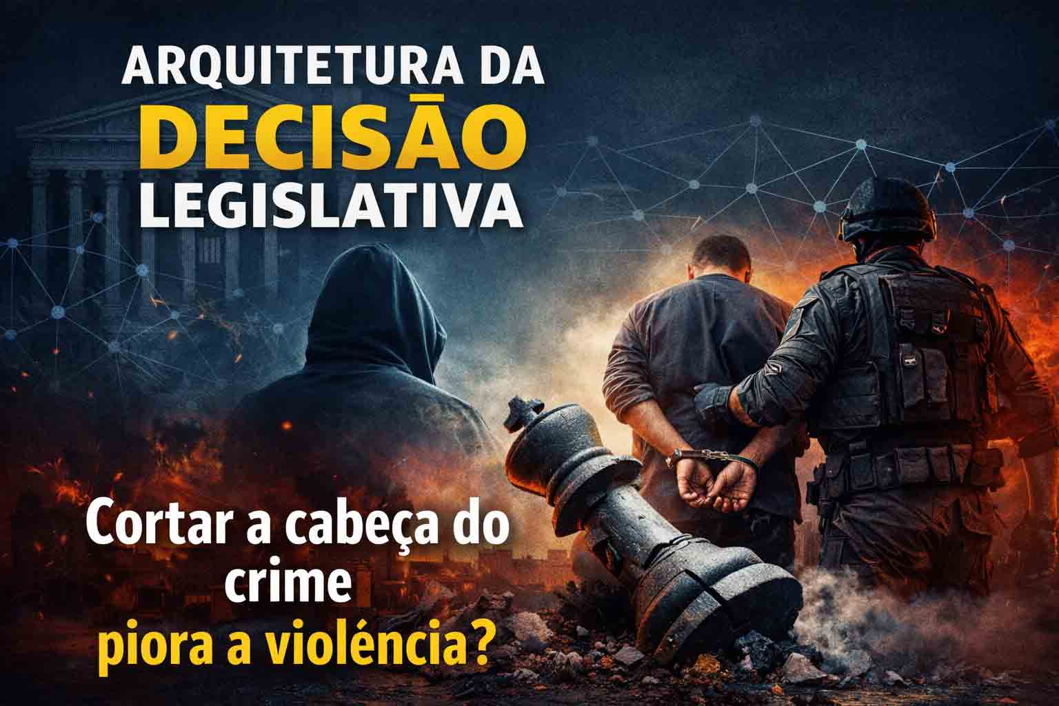Imagem destacada de artigo sobre decisão legislativa mostrando prisão de suspeito, símbolo de liderança criminosa derrubada e efeitos sistêmicos da repressão.