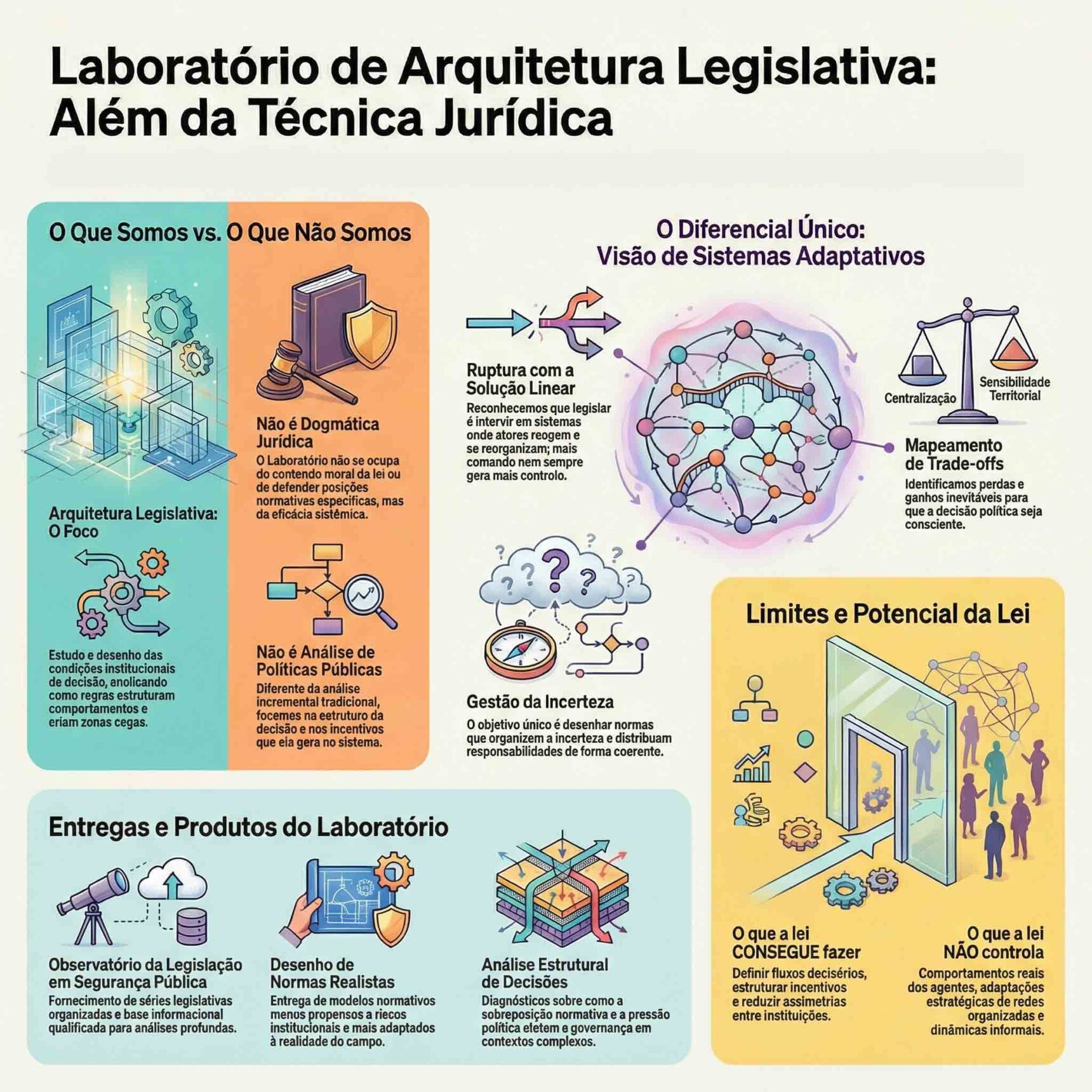 Infográfico do Laboratório de Arquitetura Legislativa mostrando diferenciação entre técnica jurídica e arquitetura legislativa, sistemas adaptativos, trade offs institucionais e limites da lei.