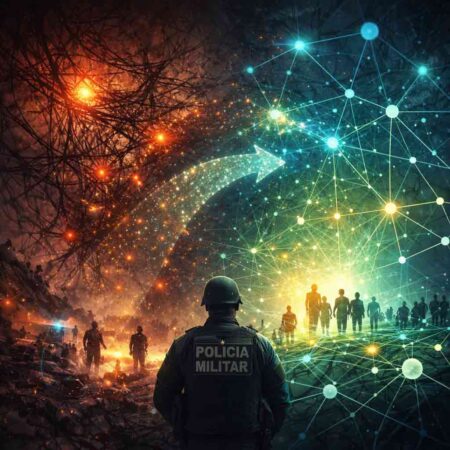 Imagem conceitual representa a leitura sistêmica da violência, com contraste entre desordem e coordenação institucional em sistemas complexos de segurança pública.