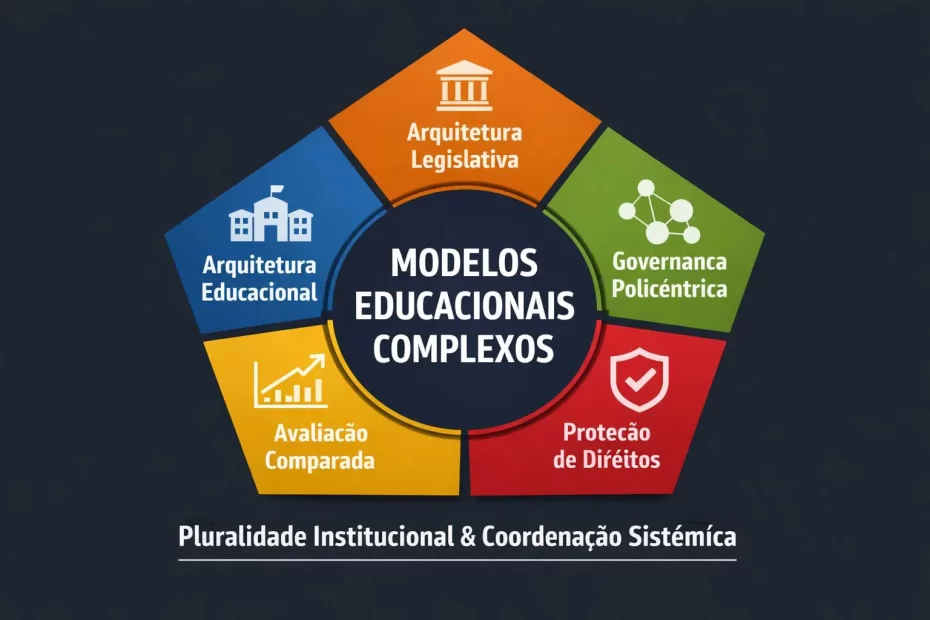 Infográfico sobre modelos educacionais complexos com arquitetura legislativa, governança policêntrica, avaliação comparada e proteção de direitos