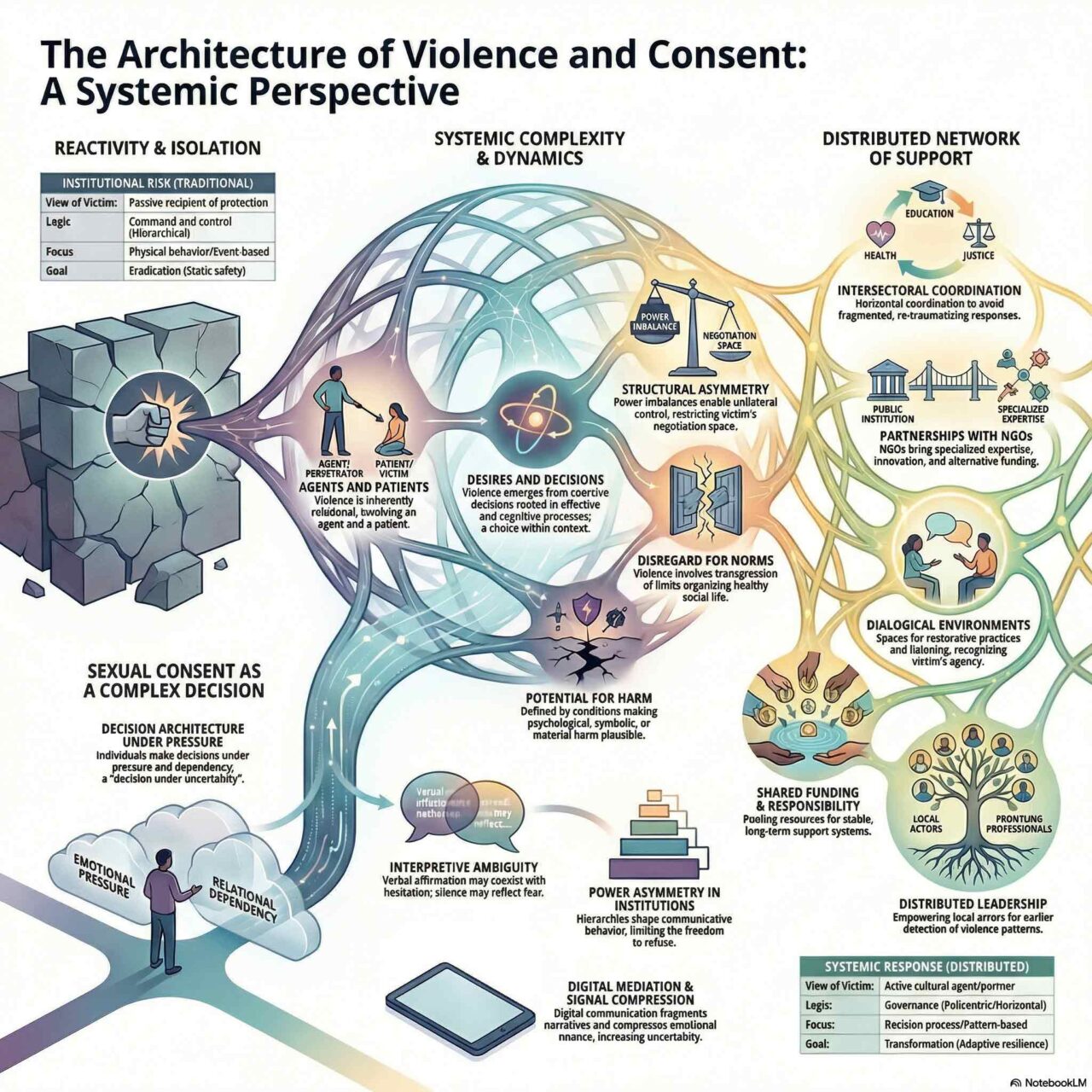 Infográfico sobre violência como sistema complexo, baseado na concepção proposta por Sergio Senna, articulando decisão, assimetria de poder e resposta institucional distribuída. Saiba mais em slab.net.br.