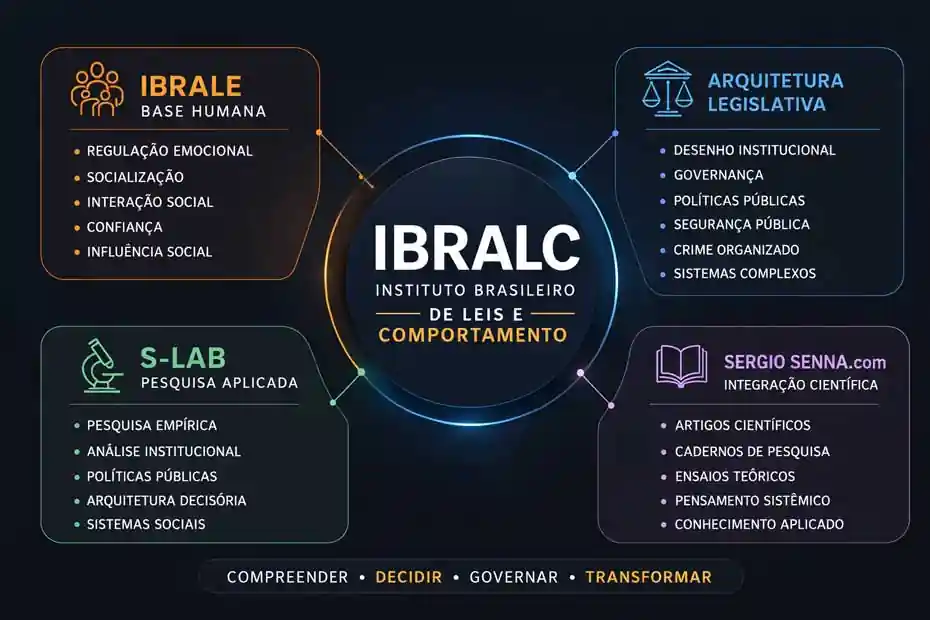 Ecossistema IBRALC mostrando a relação entre IBRALE, IBRALC, S-Lab e SergioSenna.com na análise de comportamento humano, instituições e governança.