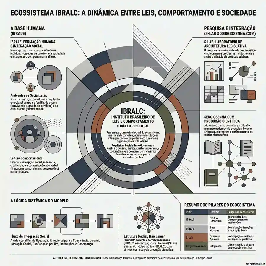 Diagrama do ecossistema IBRALC mostrando a relação entre IBRALE, IBRALC, S-Lab e SergioSenna.com na análise de comportamento humano, instituições e sistemas sociais complexos.