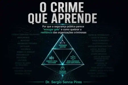 Infográfico do livro O Crime que Aprende, do Dr. Sergio Senna Pires, detalhando o triângulo de interação entre Mercados Ilícitos, Redes Criminosas, Ambiente Social e Escolhas Humanas.