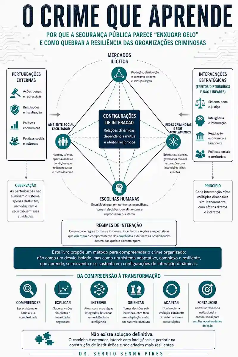 Infográfico resumido do livro 'O Crime que Aprende' de Dr. Sergio Senna Pires, explicando por que a segurança pública parece enxugar gelo através da teoria de sistemas adaptativos e complexos.