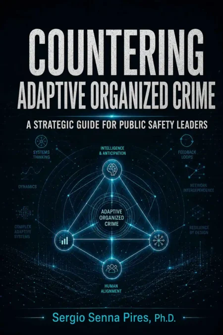 Capa do livro Countering Adaptive Organized Crime, de Sergio Senna Pires, Ph.D., sobre crime organizado adaptativo, sistemas criminais, inteligência, antecipação e estratégia em segurança pública.