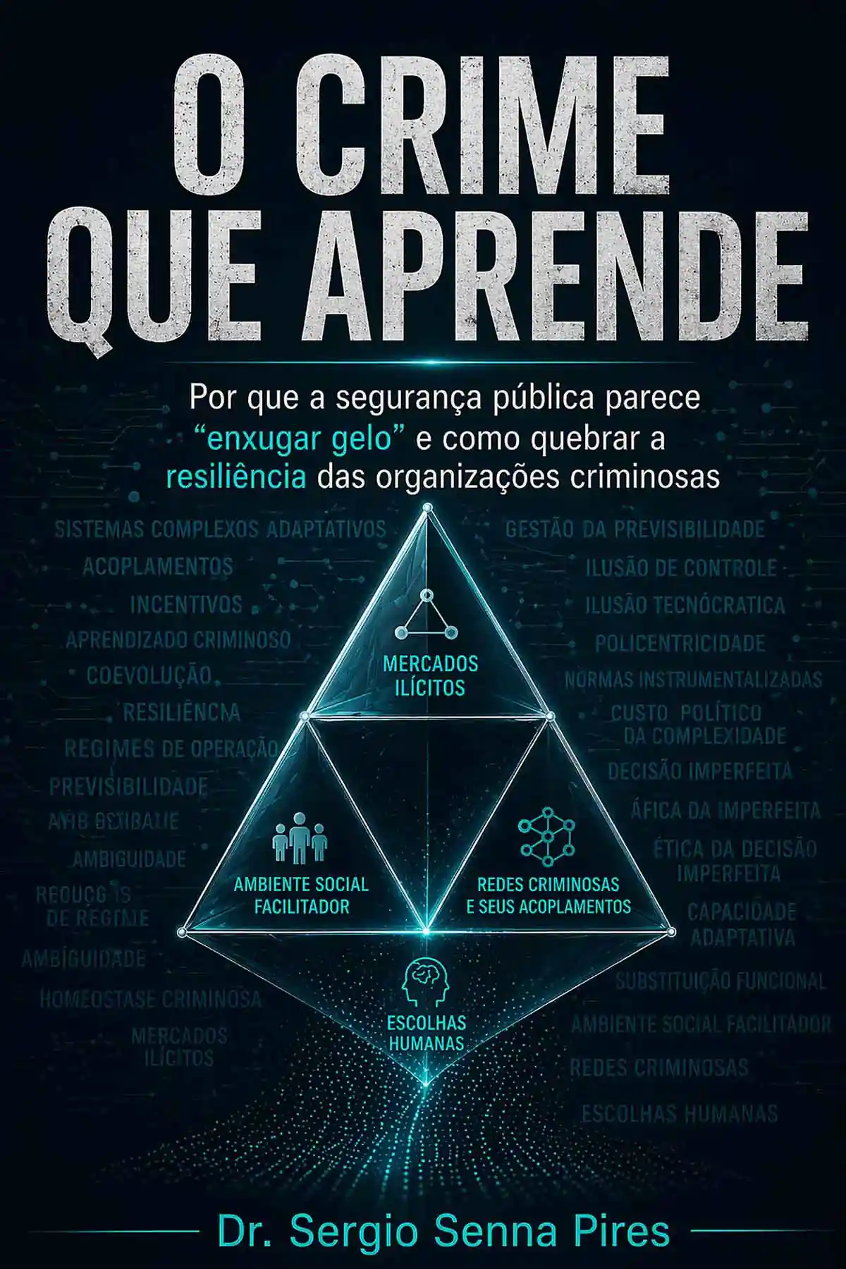 Capa do livro O Crime que Aprende, de Dr. Sergio Senna Pires, sobre segurança pública, organizações criminosas, sistemas complexos adaptativos, acoplamentos, previsibilidade e resiliência criminal.