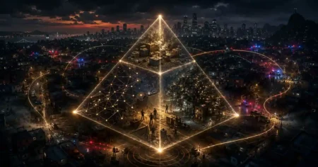 Imagem conceitual de O crime que aprende, com tetraedro luminoso sobre cidade à noite, representando aprendizagem criminal e adaptação do crime organizado.