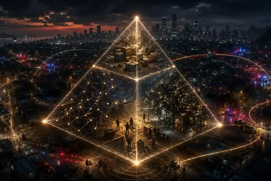 Imagem conceitual de O crime que aprende, com tetraedro luminoso sobre cidade à noite, representando aprendizagem criminal e adaptação do crime organizado.