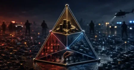 Imagem conceitual de O crime que aprende, com tetraedro luminoso sobre cidade, representando o crime como sistema adaptativo.