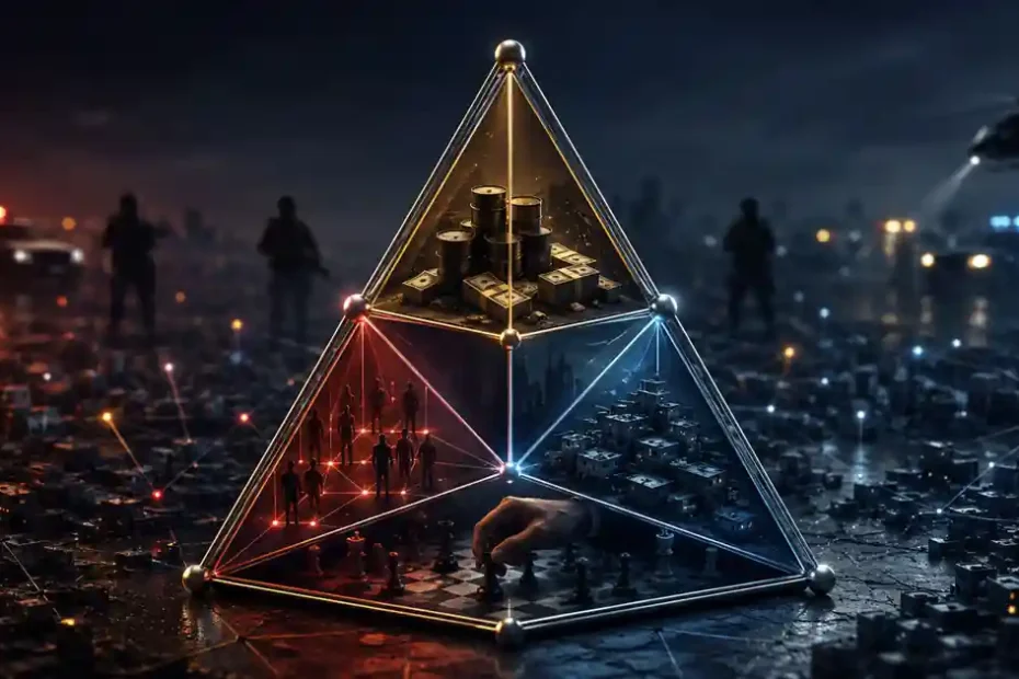 Imagem conceitual de O crime que aprende, com tetraedro luminoso sobre cidade, representando o crime como sistema adaptativo.