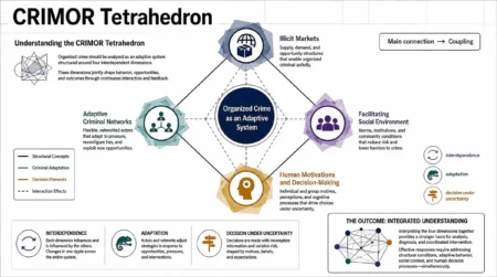 Diagrama do Tetraedro CRIMOR que apresenta o crime organizado como sistema adaptativo formado por mercados ilícitos, redes criminosas, ambiente social facilitador e decisões humanas.