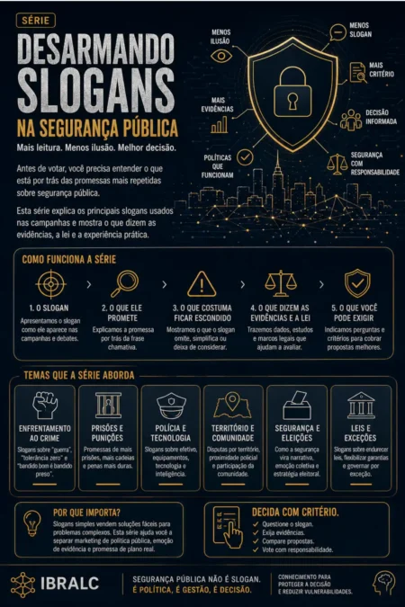 Imagem da série Desarmando Slogans na Segurança Pública, do IBRALC, com análise de promessas eleitorais e decisão informada.