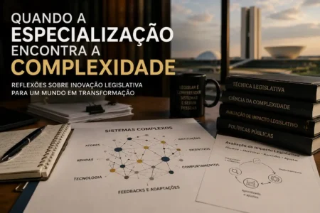 Mesa de trabalho legislativo com documentos, livros e vista de Brasília, representando especialização e complexidade na elaboração de leis.