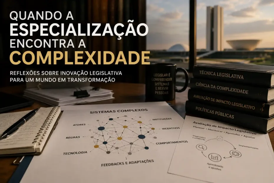 Mesa de trabalho legislativo com documentos, livros e vista de Brasília, representando especialização e complexidade na elaboração de leis.