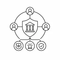 Ícone de escudo institucional conectado a atores públicos para representar governança da segurança.