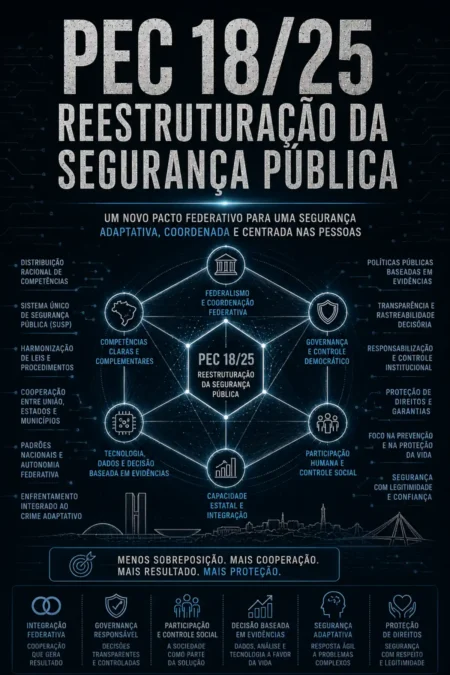 Imagem sobre a PEC 18/25 e a reestruturação da segurança pública, com foco em governança, federalismo e decisão pública.